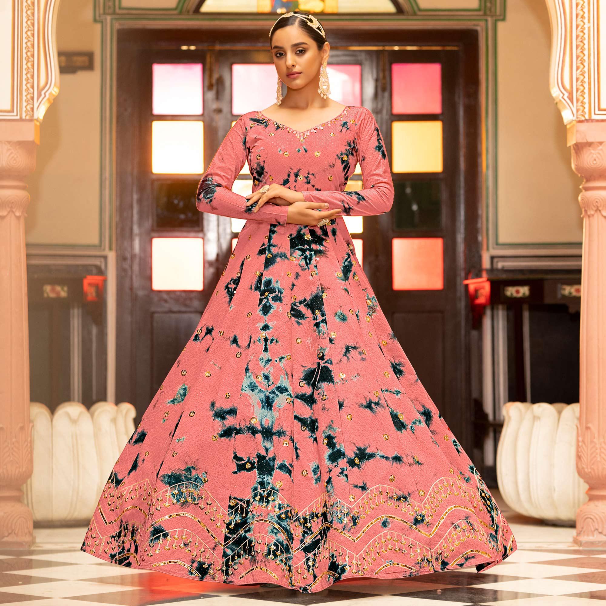 Salmon Pink Digital Printed With Sequence Embroidered Poly Cotton Gown - Peachmode