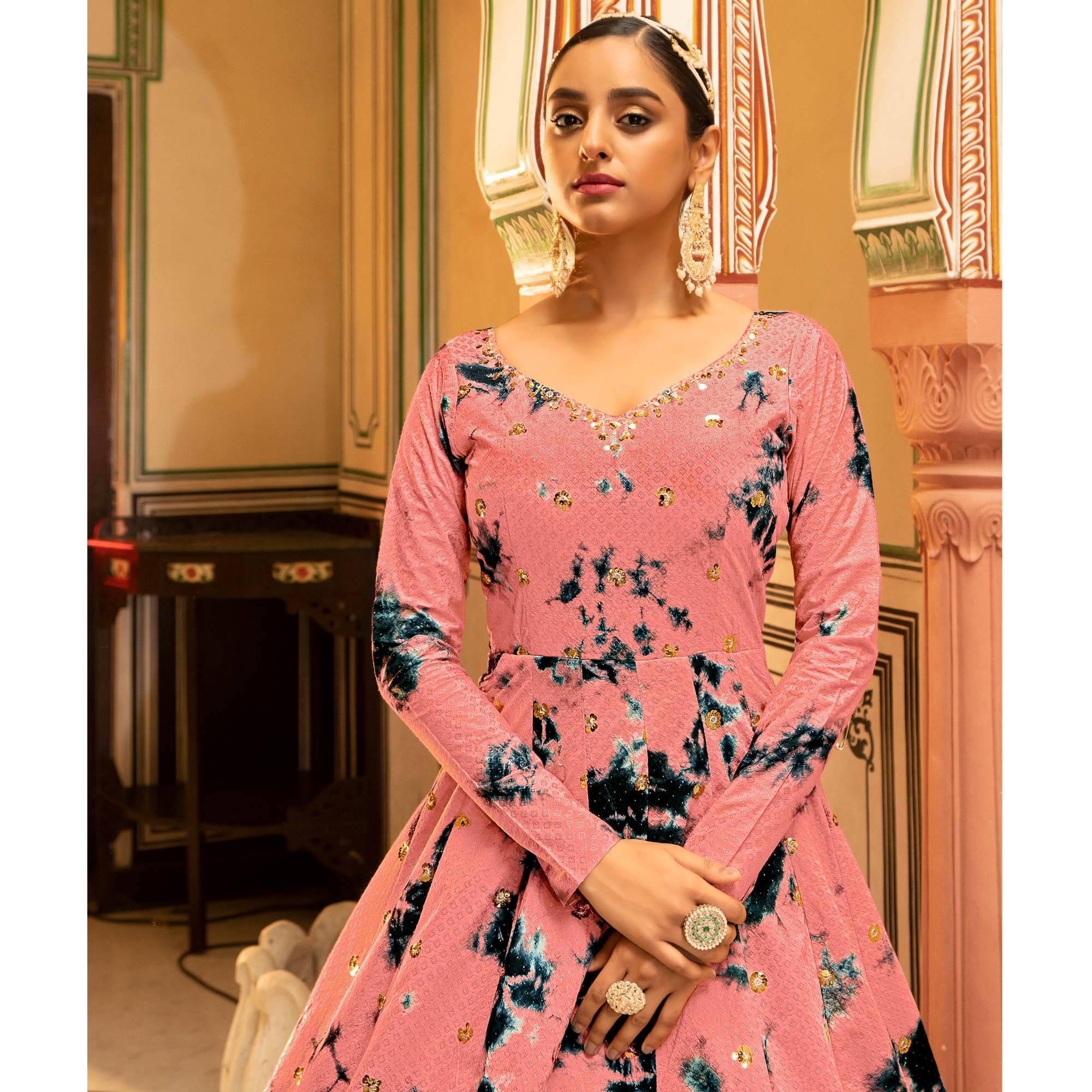 Salmon Pink Digital Printed With Sequence Embroidered Poly Cotton Gown - Peachmode