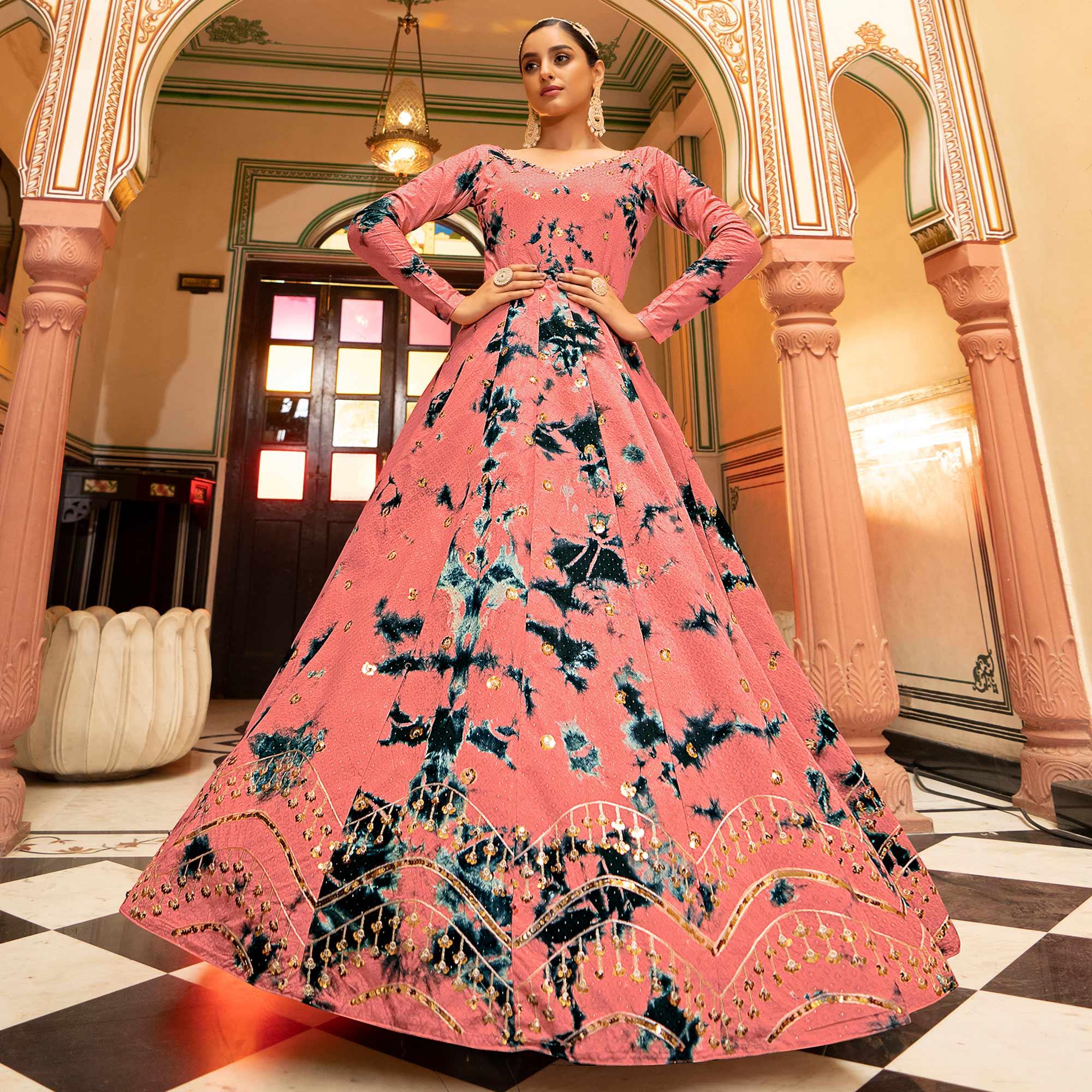 Salmon Pink Digital Printed With Sequence Embroidered Poly Cotton Gown - Peachmode