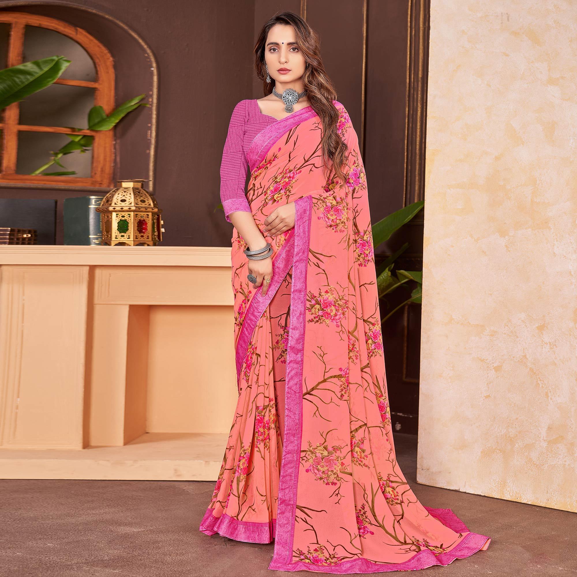 Salmon Pink Floral Printed Georgette Saree - Peachmode