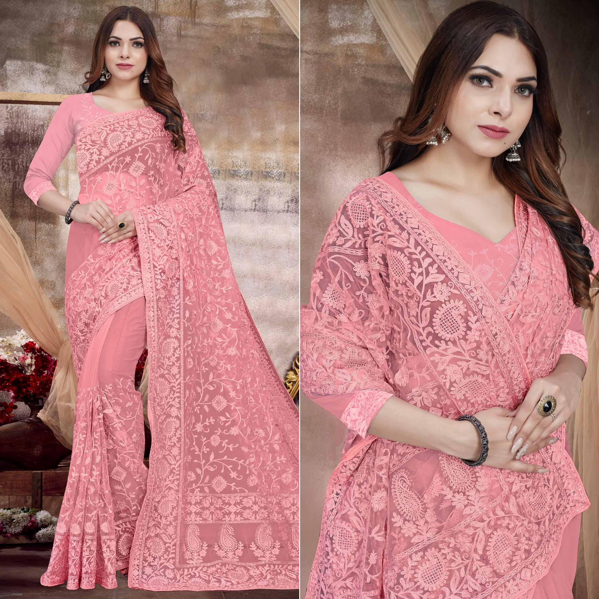 Salmon Pink Partywear Embroidery With Embellished Net Saree - Peachmode