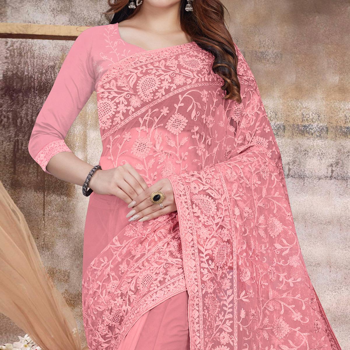Salmon Pink Partywear Embroidery With Embellished Net Saree - Peachmode