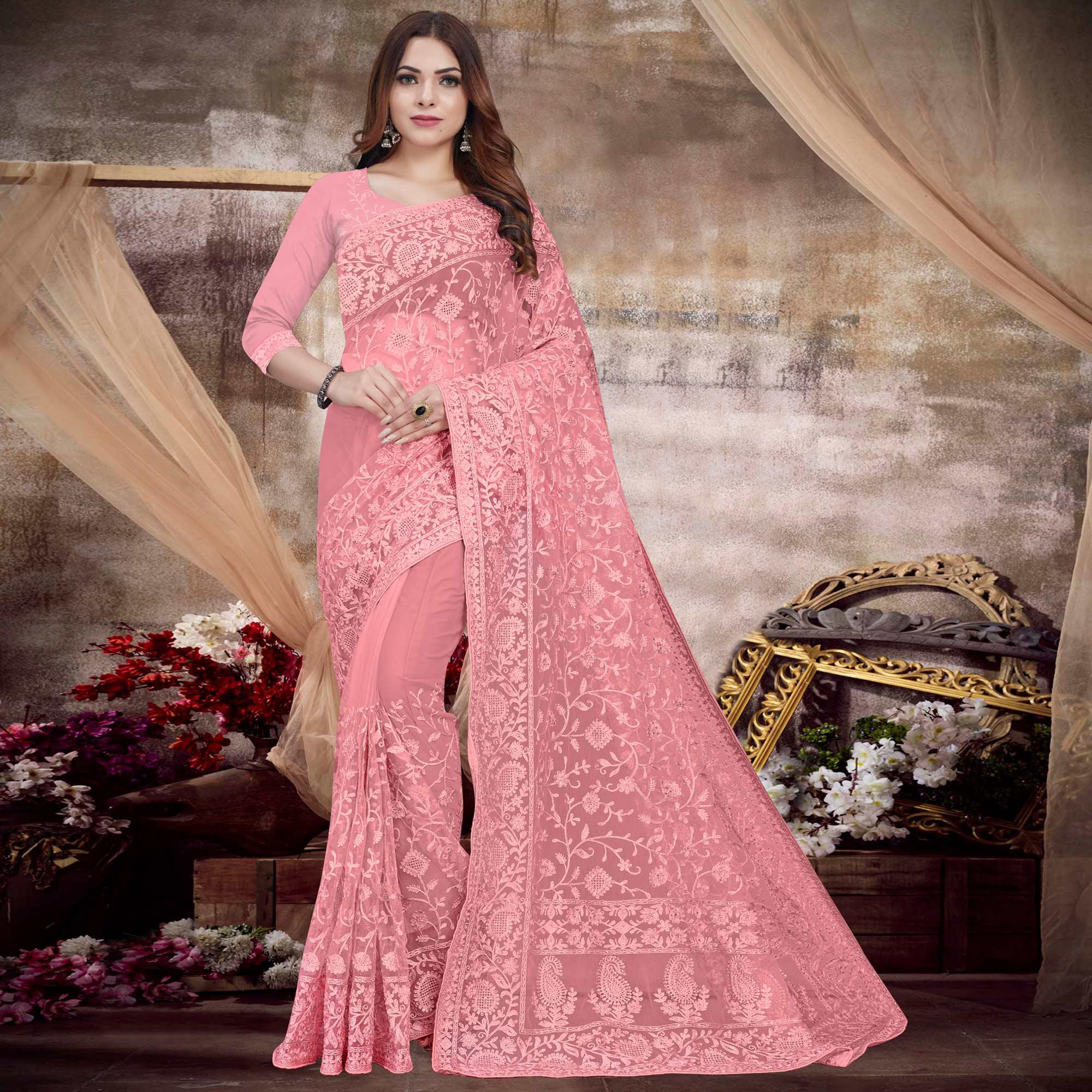 Salmon Pink Partywear Embroidery With Embellished Net Saree - Peachmode