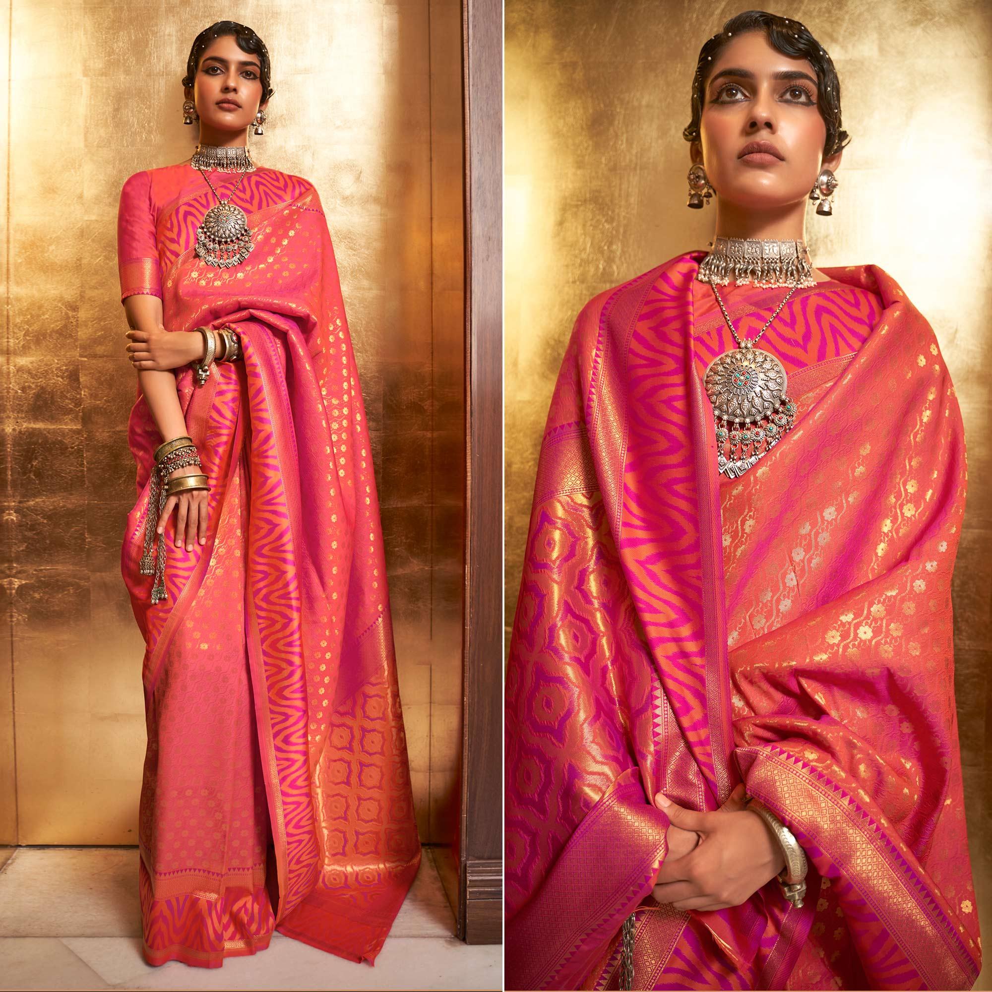 Salmon Pink Woven Art Silk Saree - Peachmode