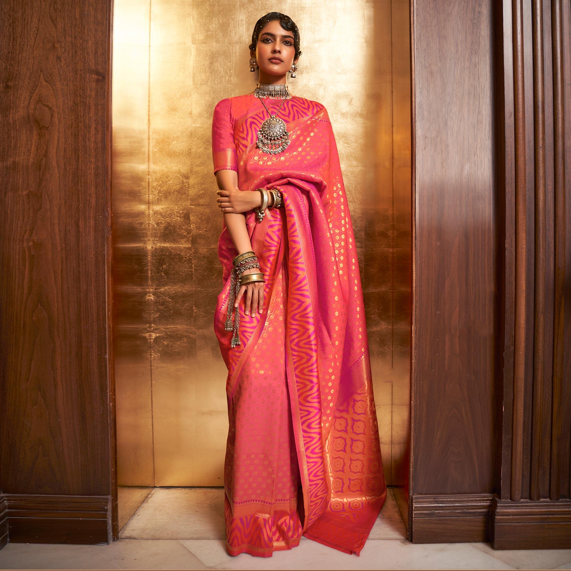 Salmon Pink Woven Art Silk Saree - Peachmode