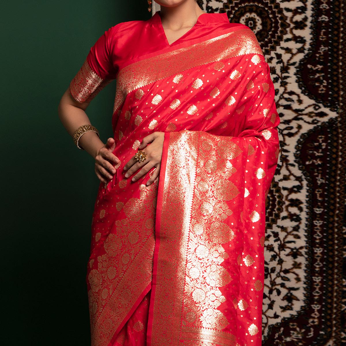 Salmon Pink Woven Art Silk Saree With Tassels - Peachmode