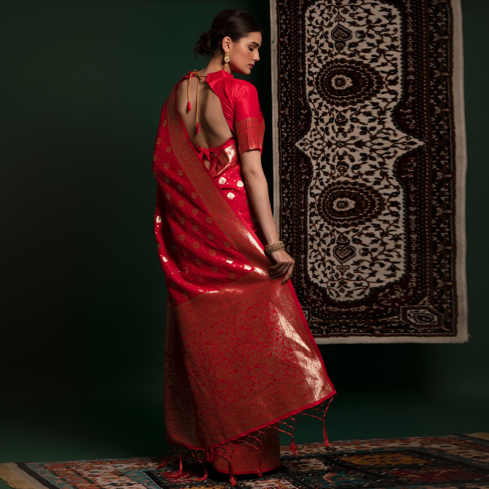 Salmon Pink Woven Art Silk Saree With Tassels - Peachmode