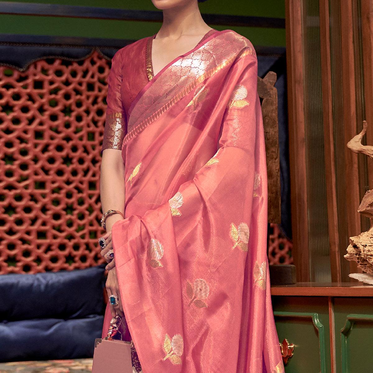 Salmon Pink Woven Organza Saree With Tassels - Peachmode