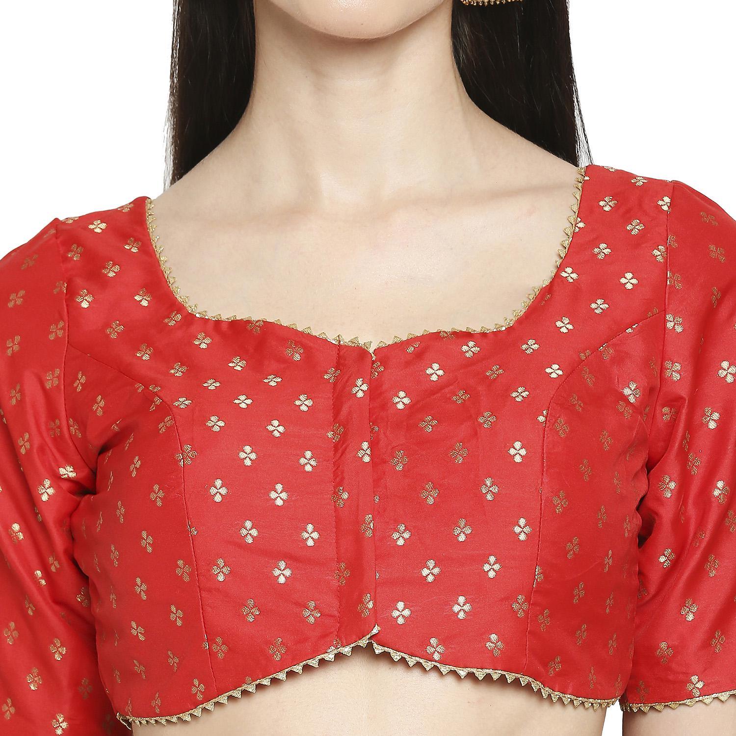 Salwar Studio - Women's Red Brocade Readymade Saree Blouse - Peachmode