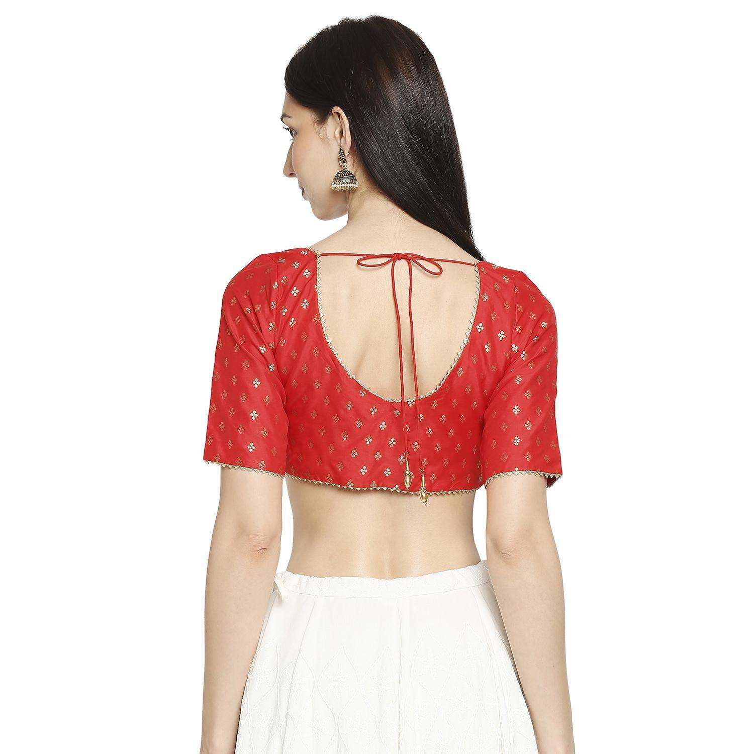 Salwar Studio - Women's Red Brocade Readymade Saree Blouse - Peachmode