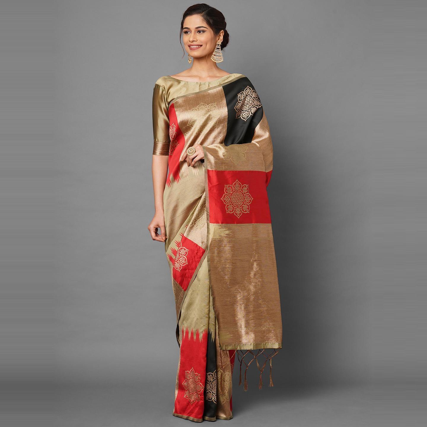 Saree Mall Beige & Red Festive Wear Silk Woven Designer Saree With Unstitched Blouse - Peachmode