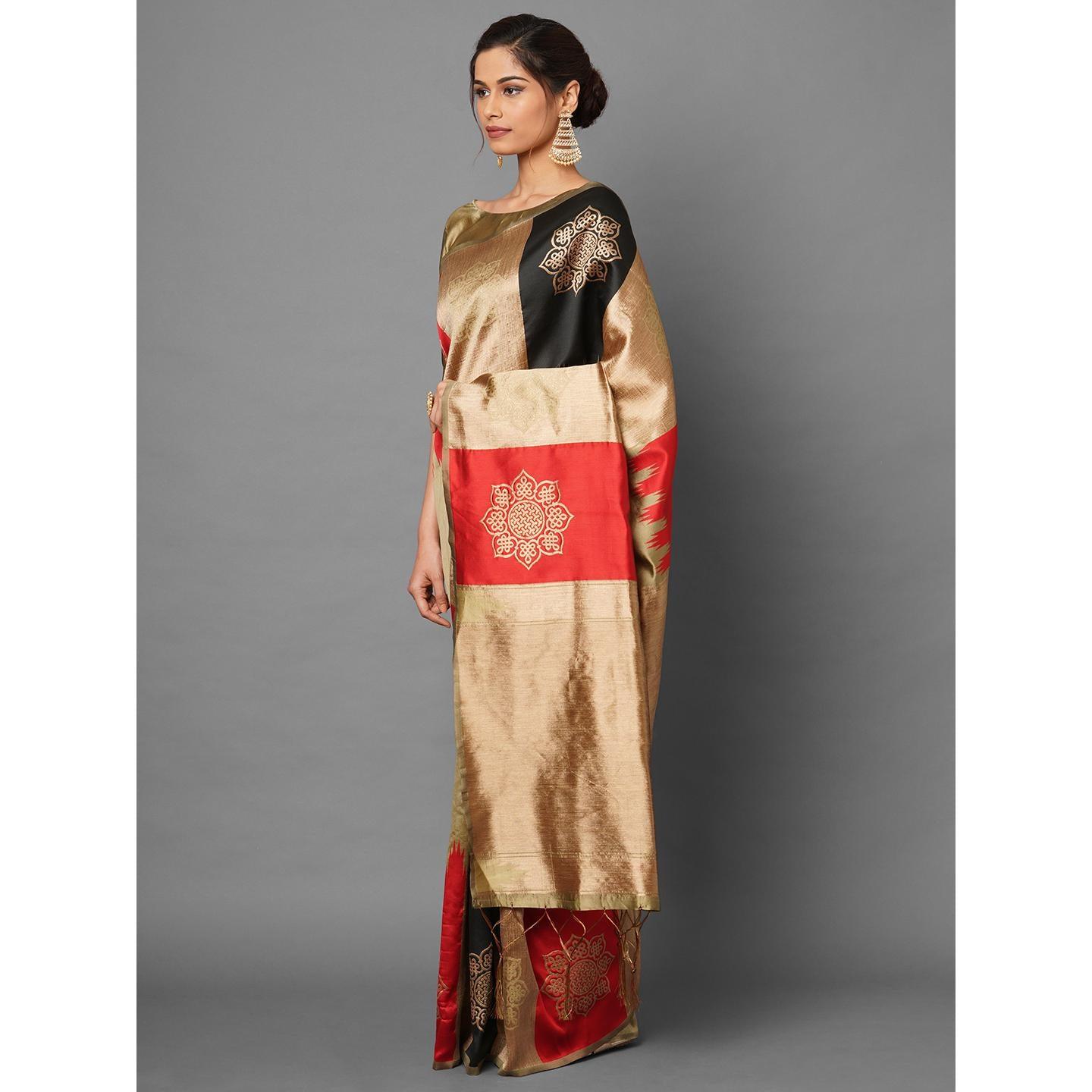 Saree Mall Beige & Red Festive Wear Silk Woven Designer Saree With Unstitched Blouse - Peachmode