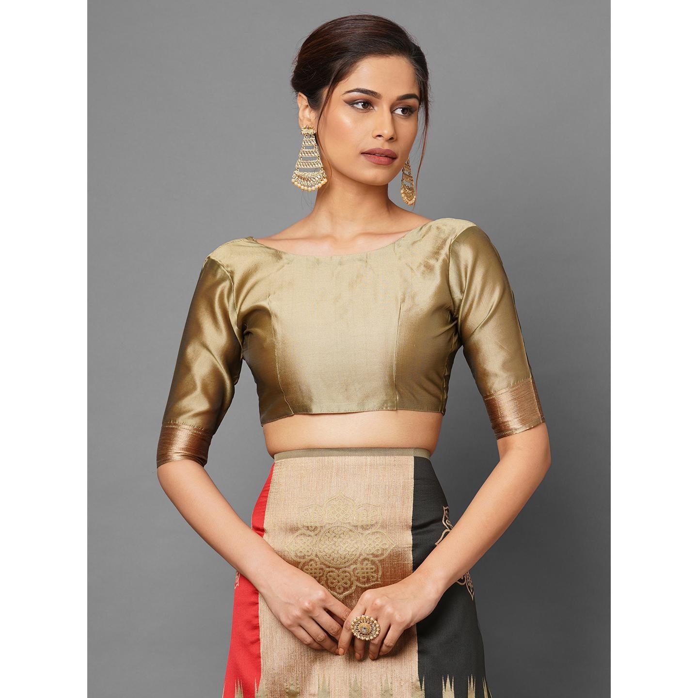 Saree Mall Beige & Red Festive Wear Silk Woven Designer Saree With Unstitched Blouse - Peachmode