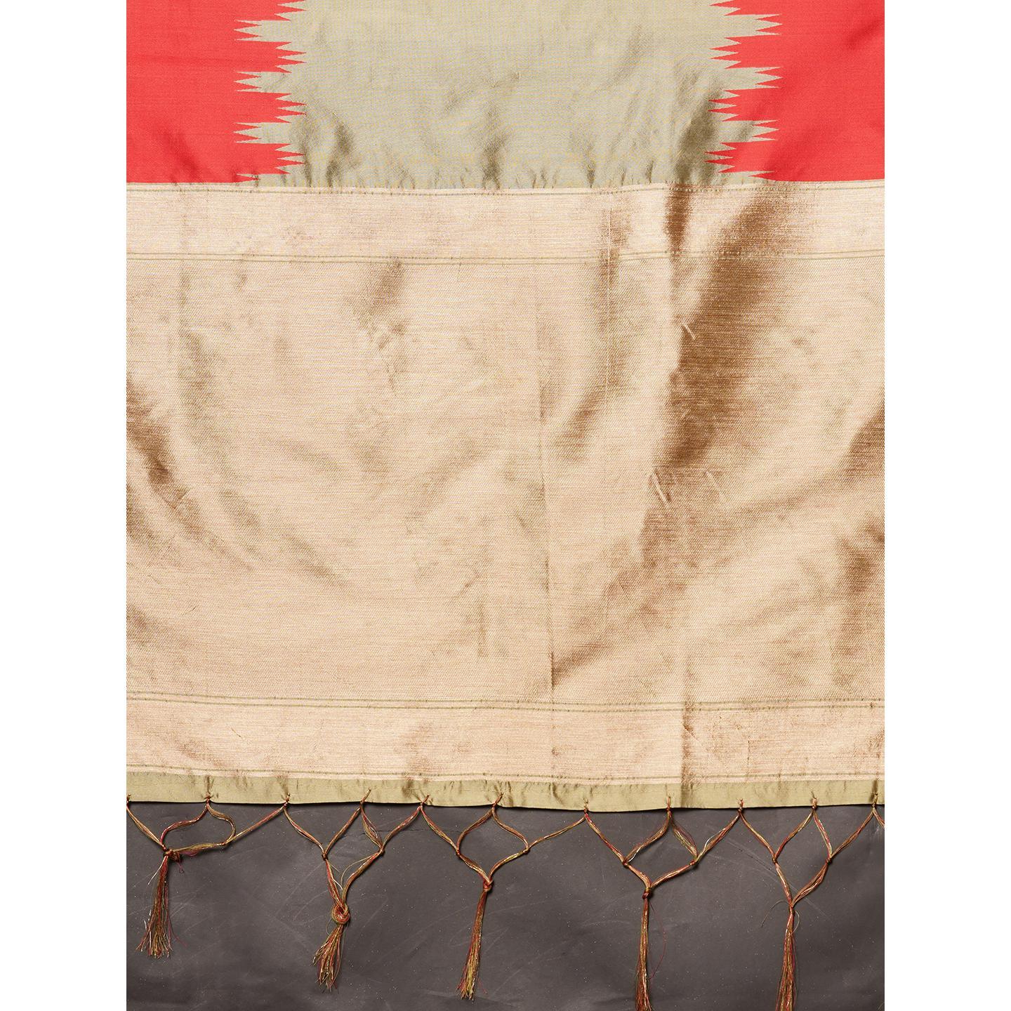 Saree Mall Beige & Red Festive Wear Silk Woven Designer Saree With Unstitched Blouse - Peachmode