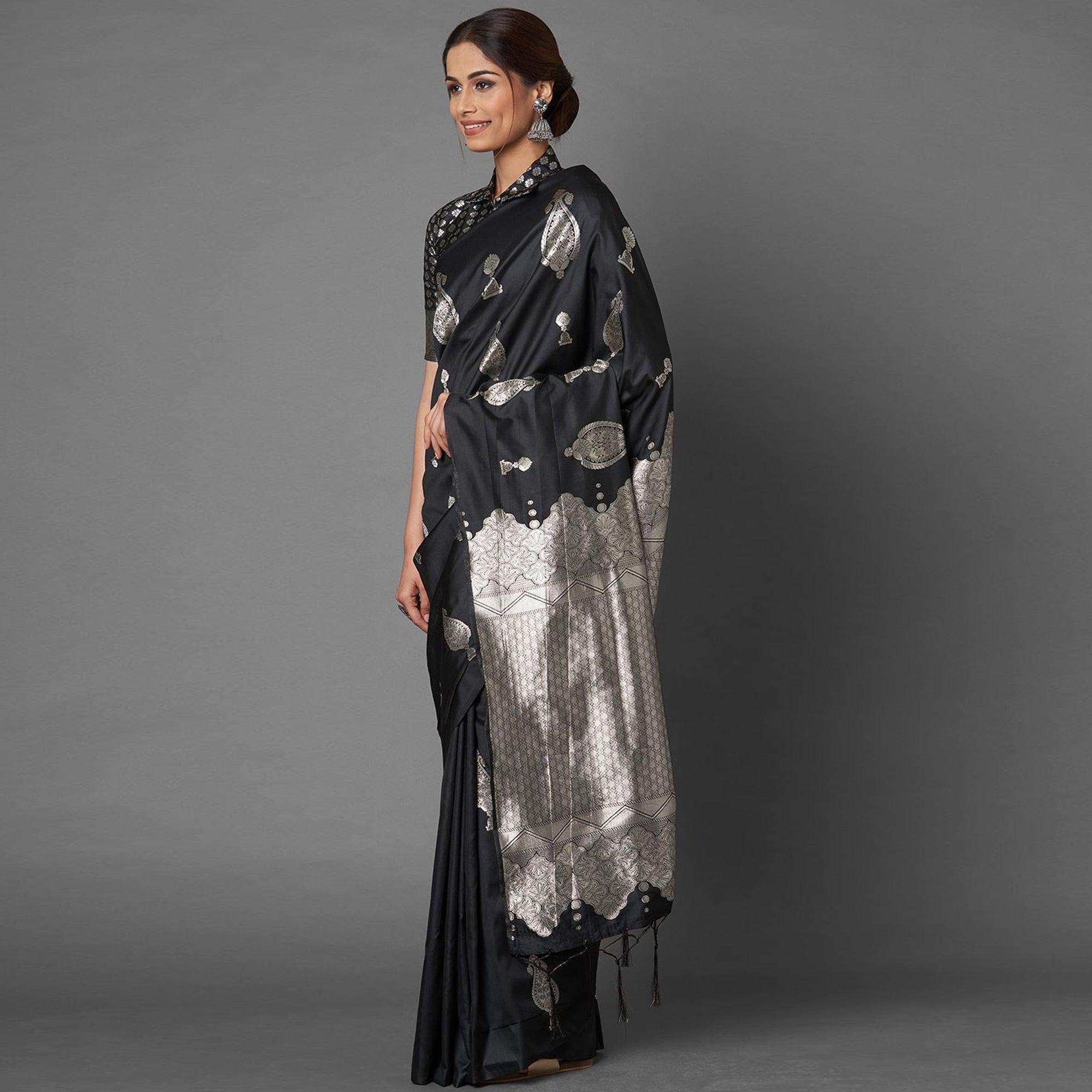 Saree Mall Black Festive Wear Silk Blend Banarasi Saree With Unstitched Blouse - Peachmode