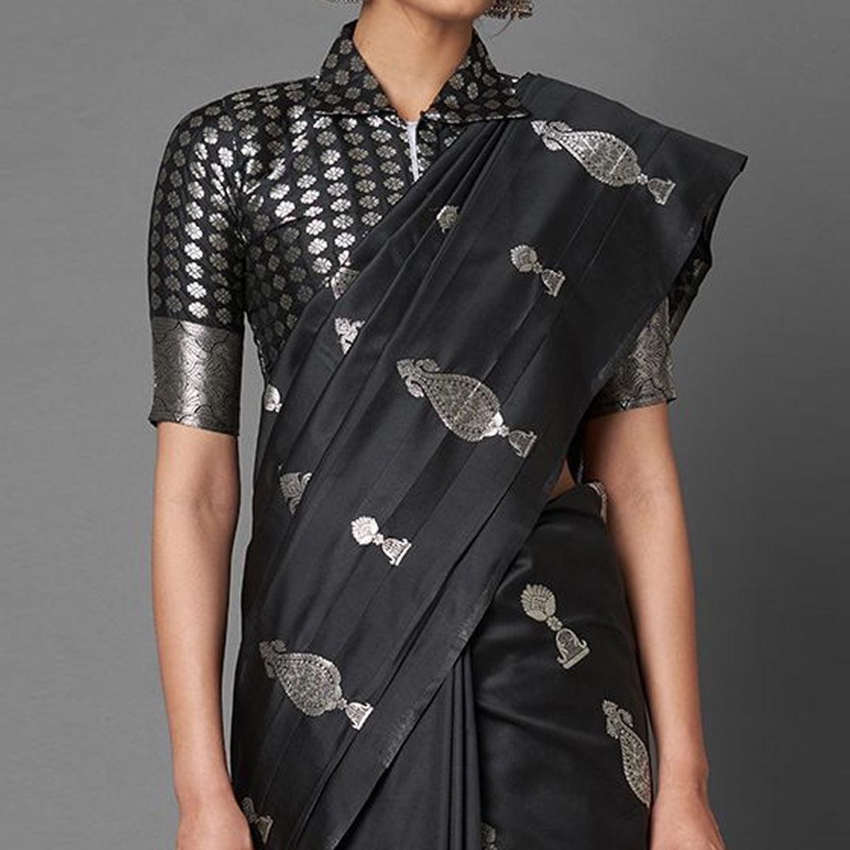 Saree Mall Black Festive Wear Silk Blend Banarasi Saree With Unstitched Blouse - Peachmode