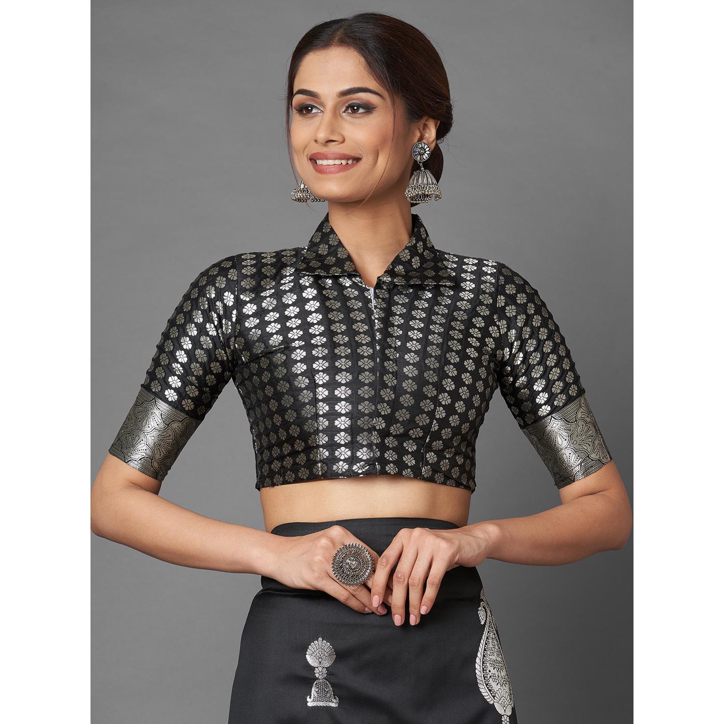 Saree Mall Black Festive Wear Silk Blend Banarasi Saree With Unstitched Blouse - Peachmode