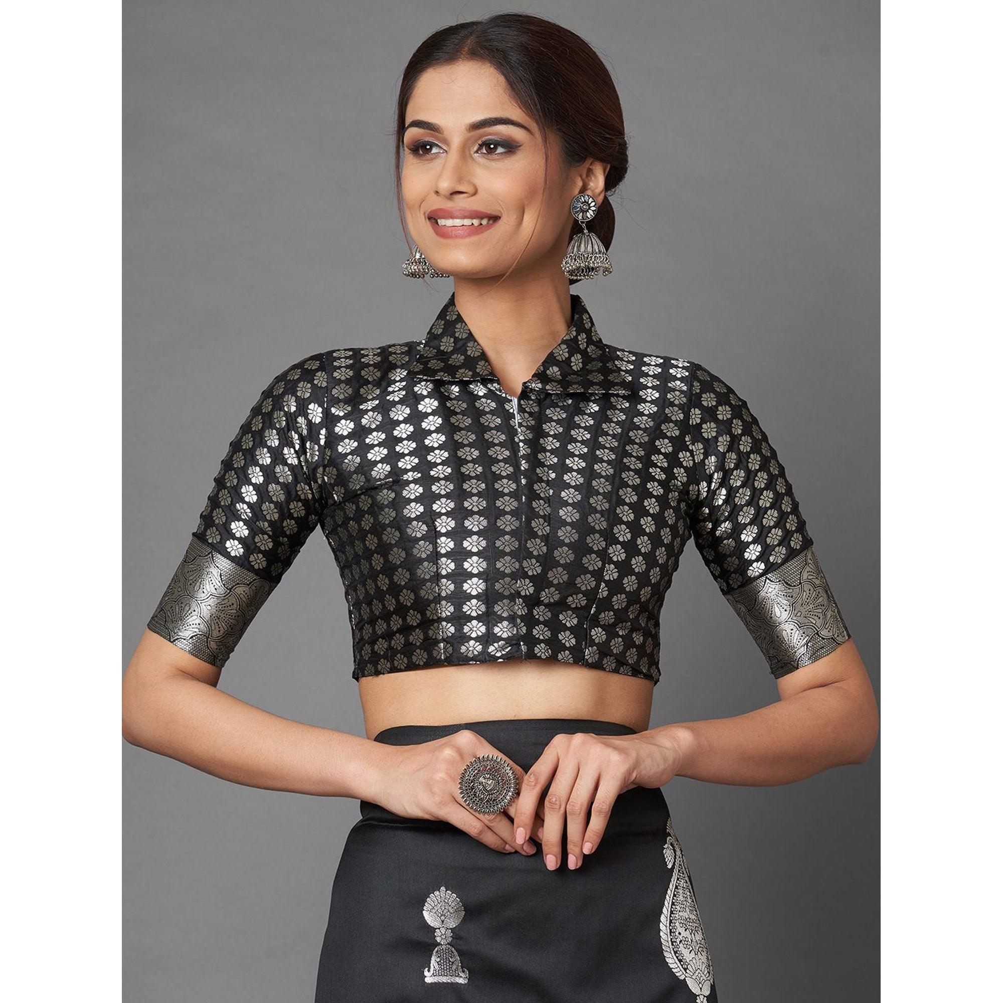 Saree Mall Black Festive Wear Silk Blend Banarasi Saree With Unstitched Blouse - Peachmode