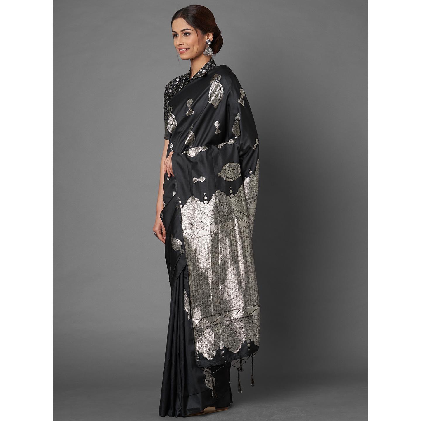 Saree Mall Black Festive Wear Silk Blend Banarasi Saree With Unstitched Blouse - Peachmode