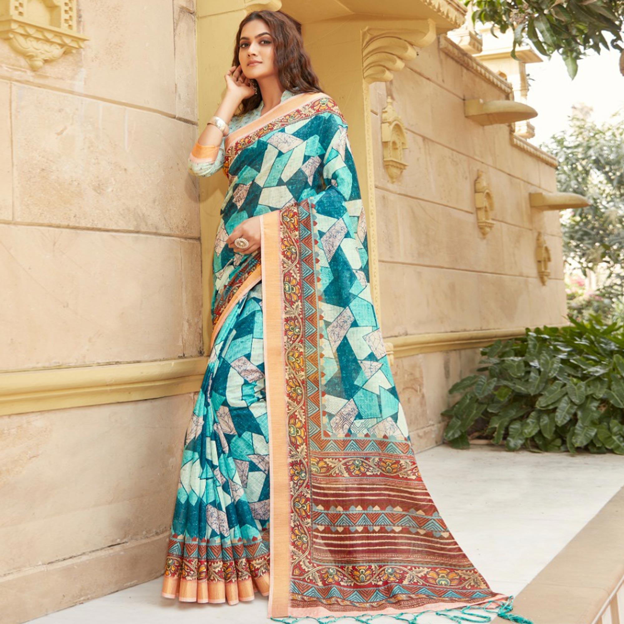 Saree Mall Blue Casual Wear Digital Printed Geometric Soft Cotton Saree - Peachmode