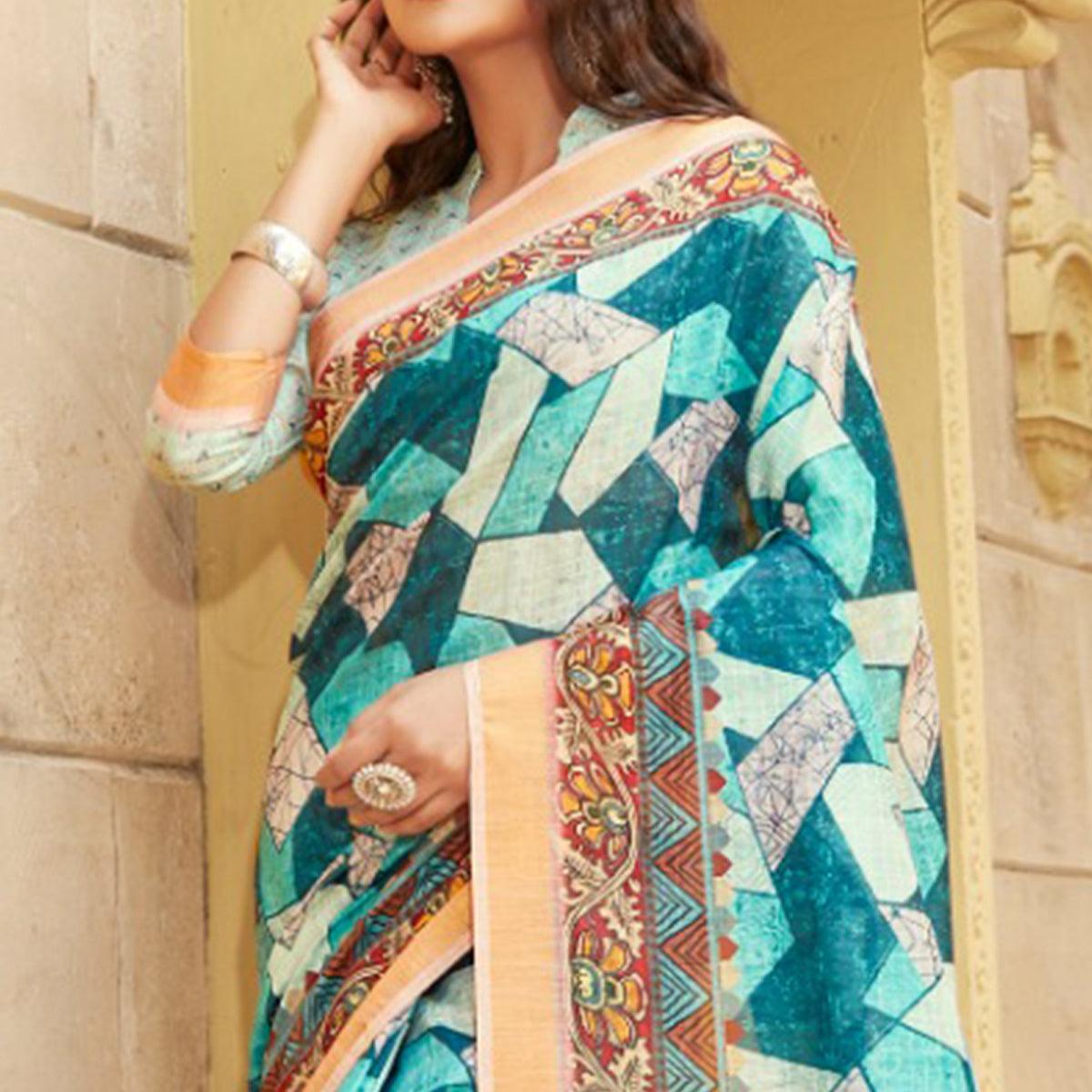 Saree Mall Blue Casual Wear Digital Printed Geometric Soft Cotton Saree - Peachmode