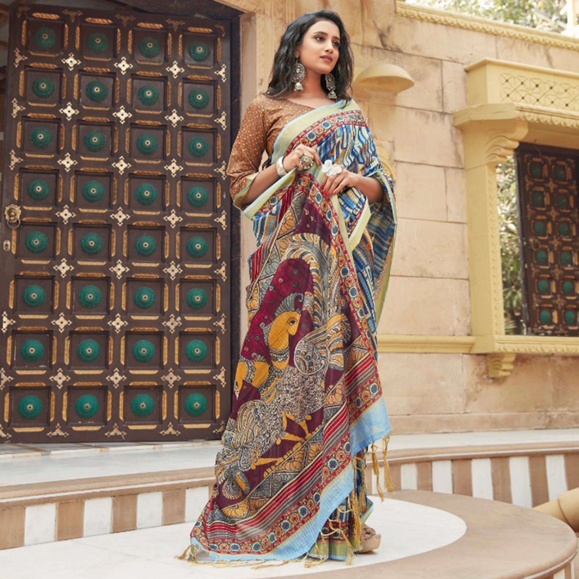 Saree Mall Blue Casual Wear Digital Printed Stripes Soft Cotton Saree - Peachmode