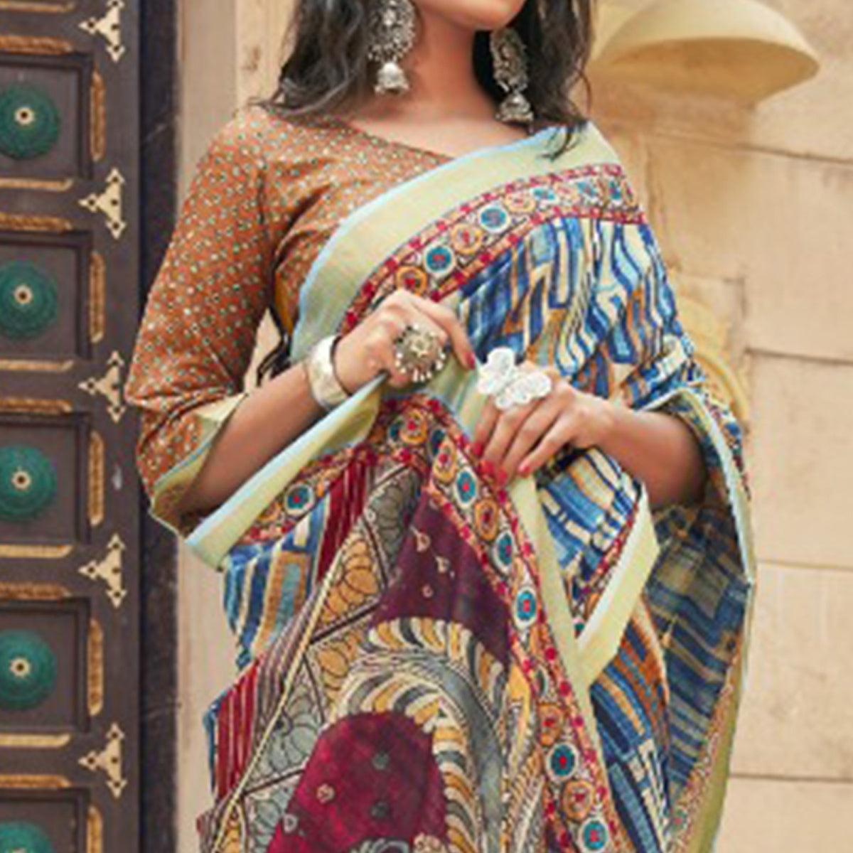 Saree Mall Blue Casual Wear Digital Printed Stripes Soft Cotton Saree - Peachmode
