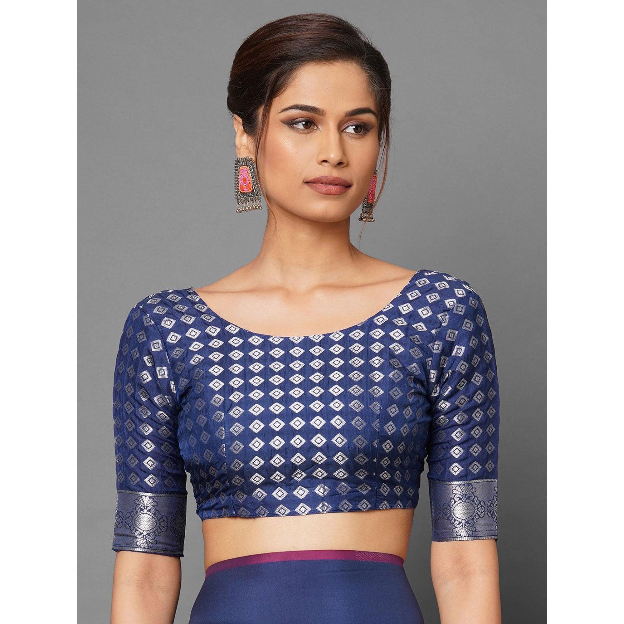 Saree Mall Blue Festive Wear Silk Blend Banarasi Woven Saree With Unstitched Blouse - Peachmode
