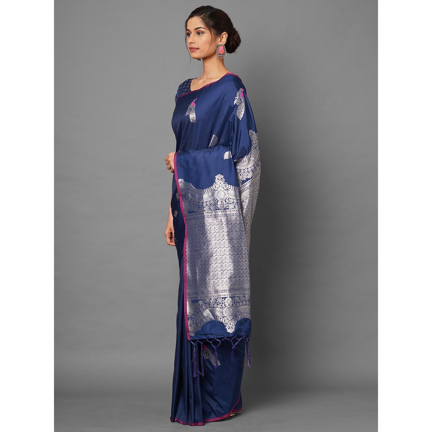 Saree Mall Blue Festive Wear Silk Blend Banarasi Woven Saree With Unstitched Blouse - Peachmode