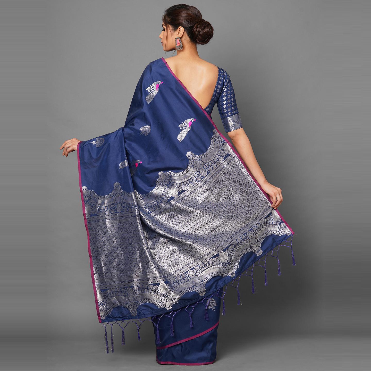 Saree Mall Blue Festive Wear Silk Blend Banarasi Woven Saree With Unstitched Blouse - Peachmode