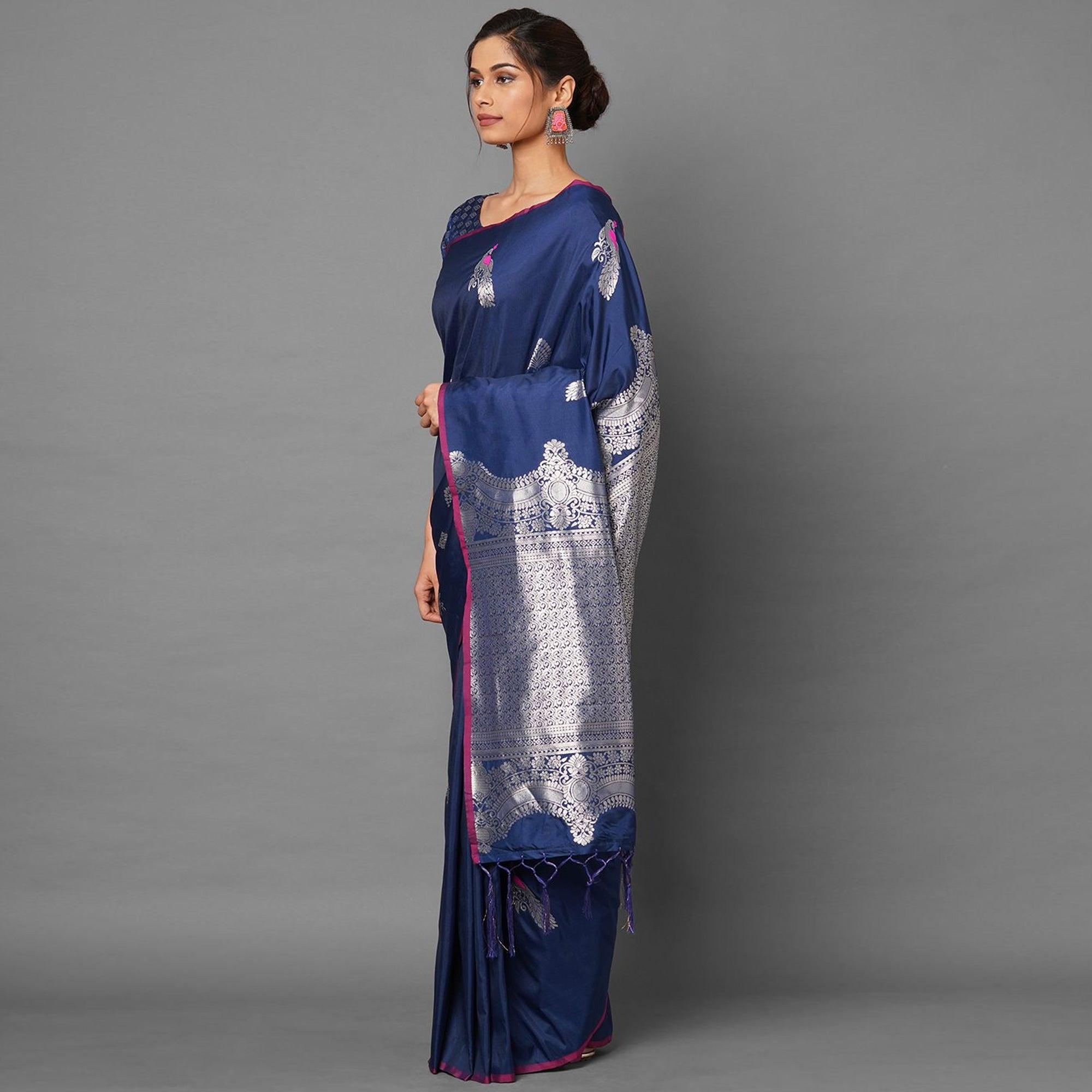 Saree Mall Blue Festive Wear Silk Blend Banarasi Woven Saree With Unstitched Blouse - Peachmode