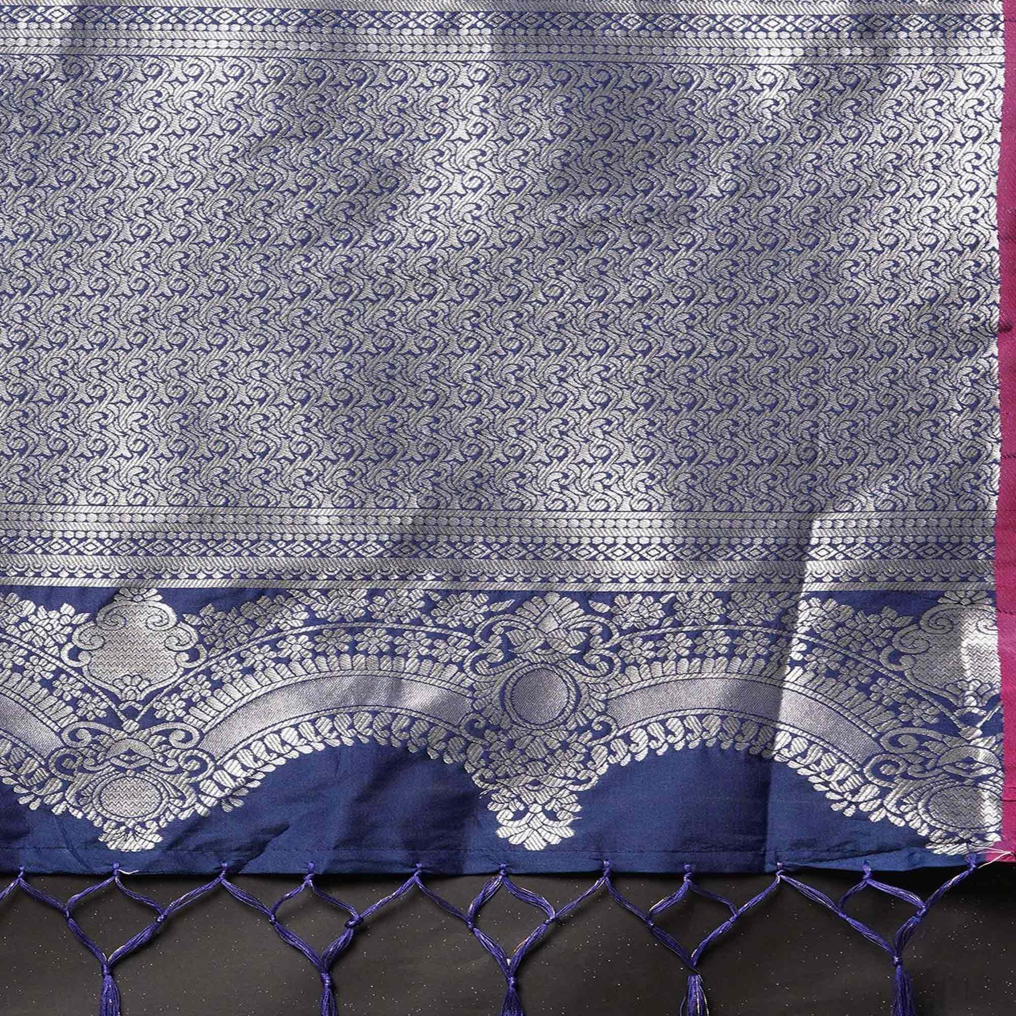 Saree Mall Blue Festive Wear Silk Blend Banarasi Woven Saree With Unstitched Blouse - Peachmode