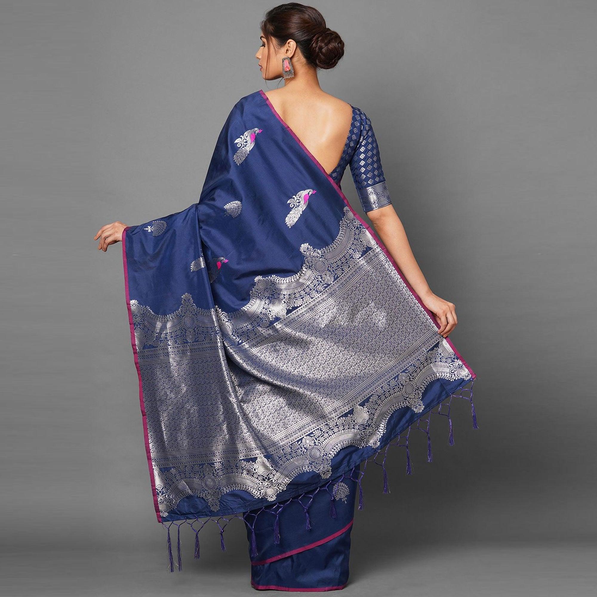 Saree Mall Blue Festive Wear Silk Blend Banarasi Woven Saree With Unstitched Blouse - Peachmode