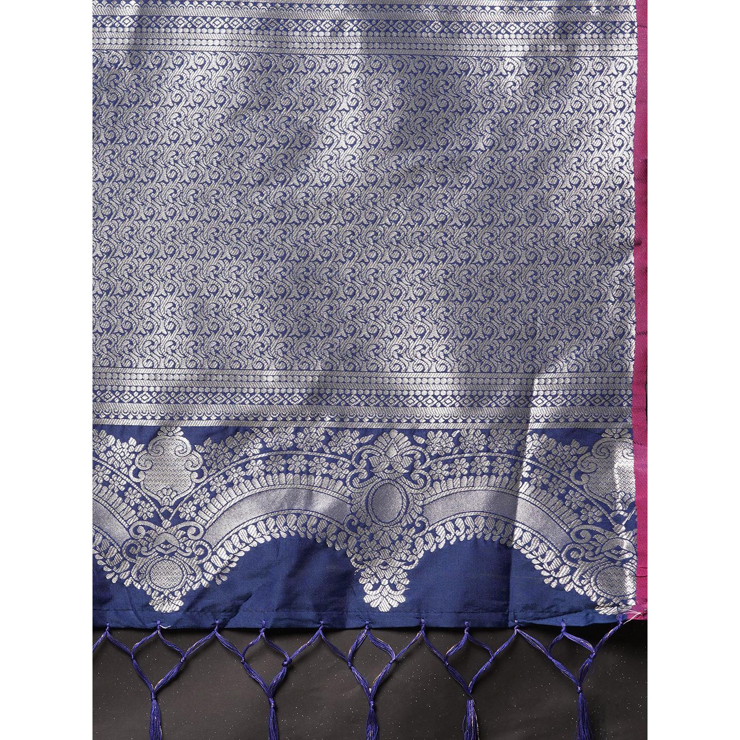 Saree Mall Blue Festive Wear Silk Blend Banarasi Woven Saree With Unstitched Blouse - Peachmode