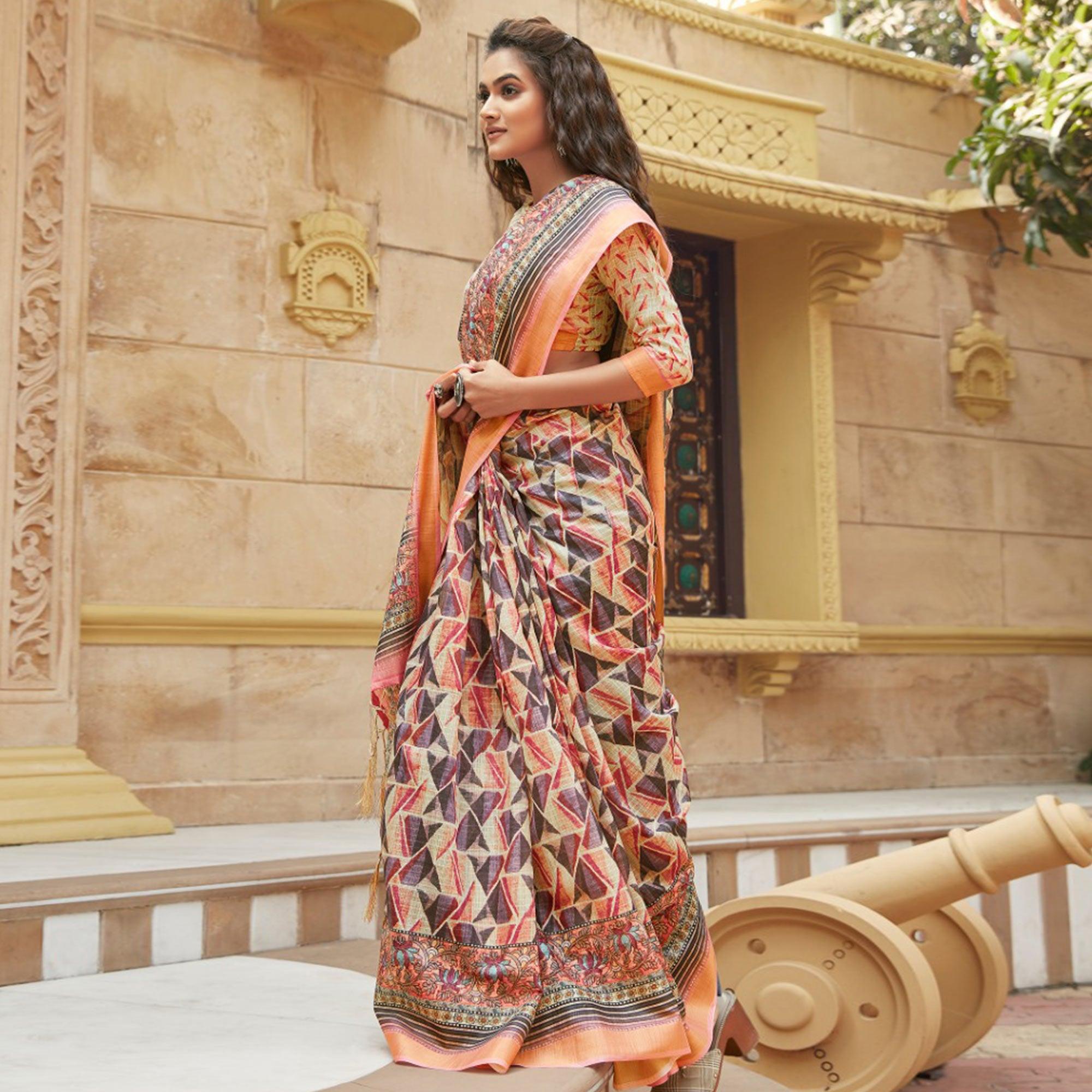 Saree Mall Cream Casual Wear Digital Printed Geometric Soft Cotton Saree - Peachmode