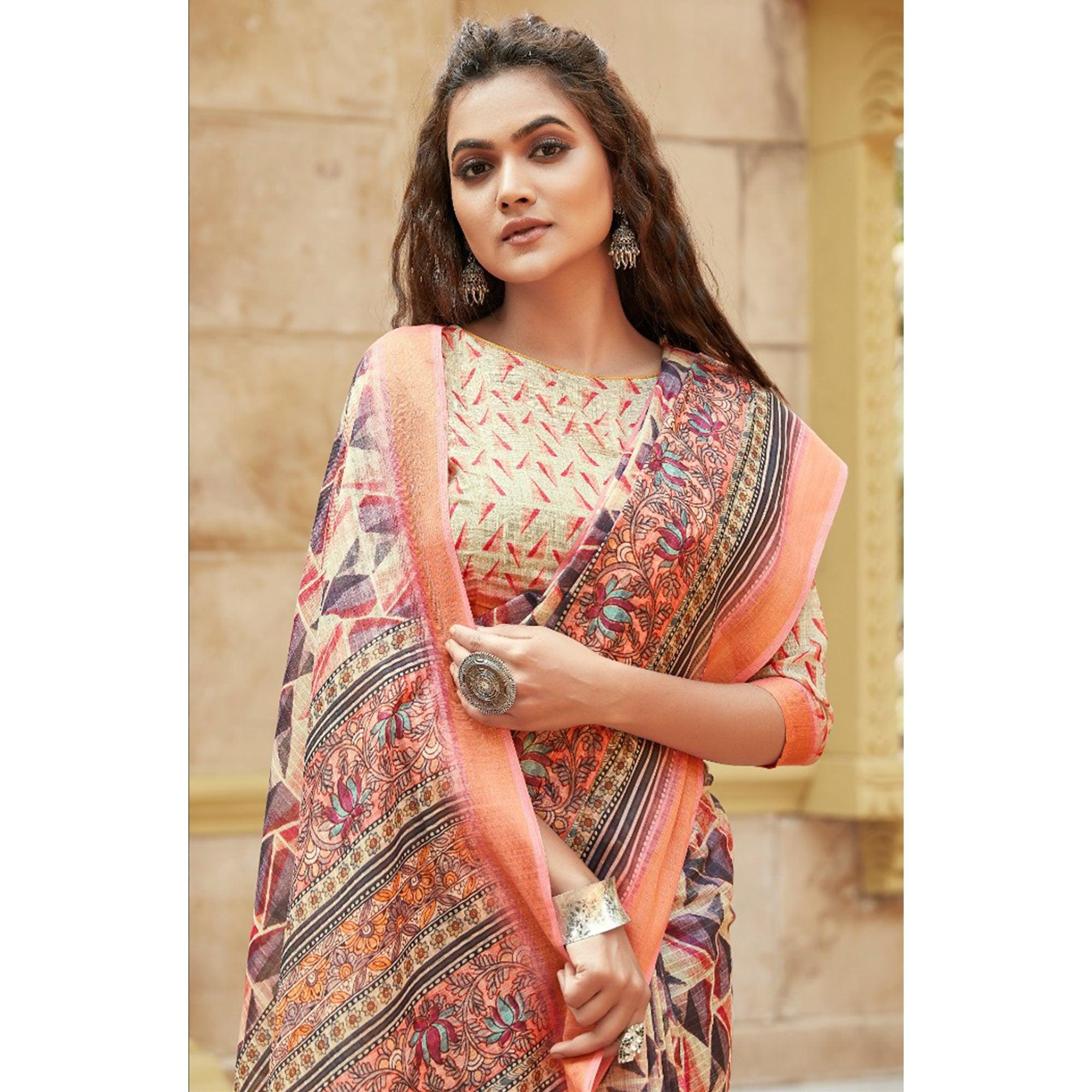 Saree Mall Cream Casual Wear Digital Printed Geometric Soft Cotton Saree - Peachmode