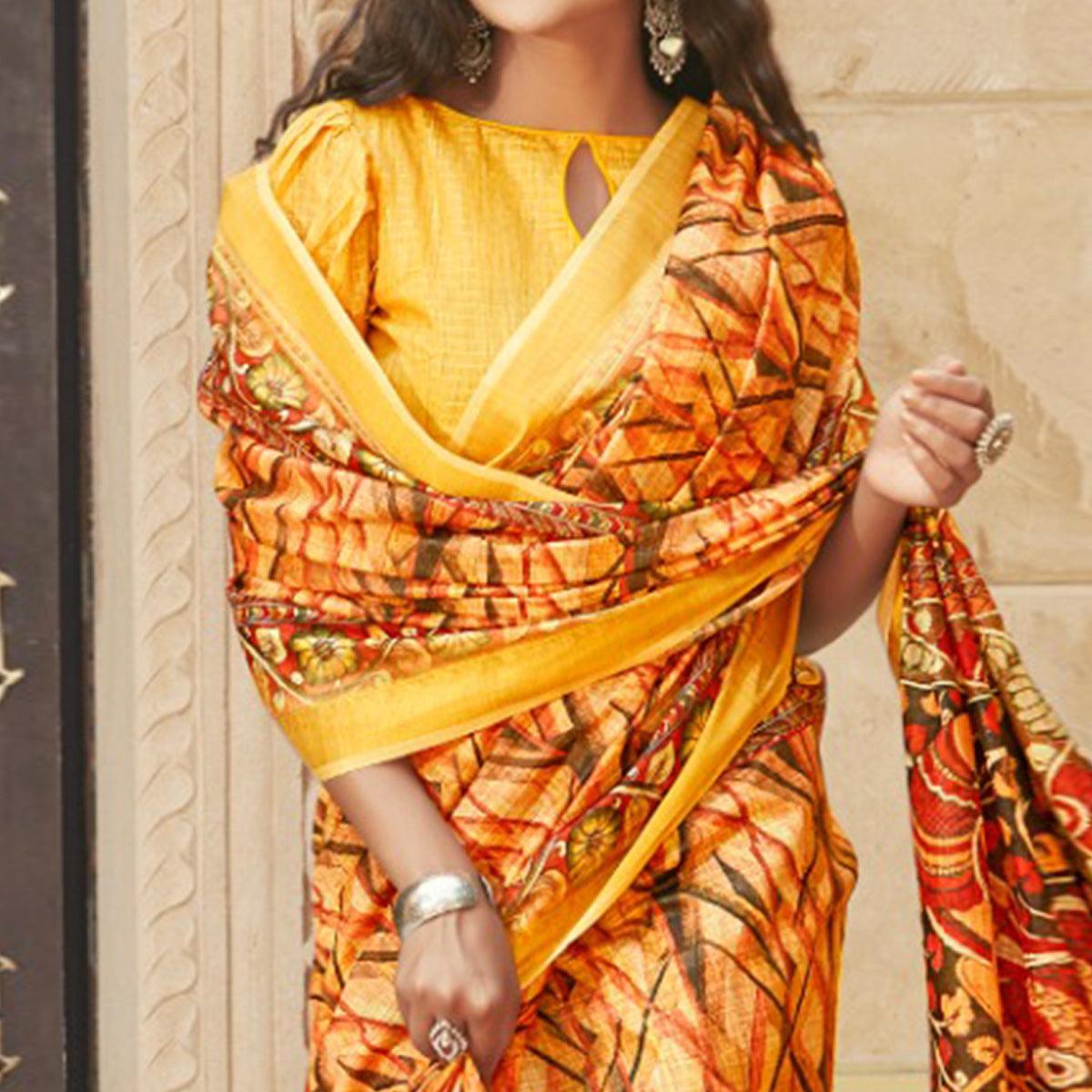Saree Mall Cream Casual Wear Digital Printed Geometric Soft Cotton Saree - Peachmode