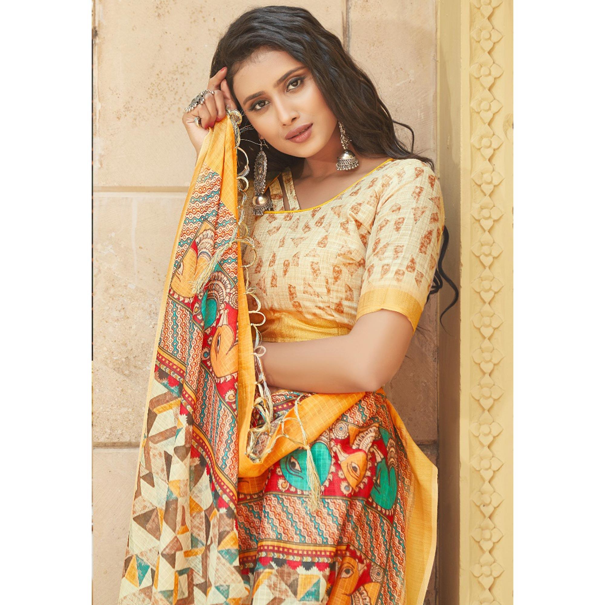 Saree Mall Cream Casual Wear Digital Printed Geometric Soft Cotton Saree - Peachmode