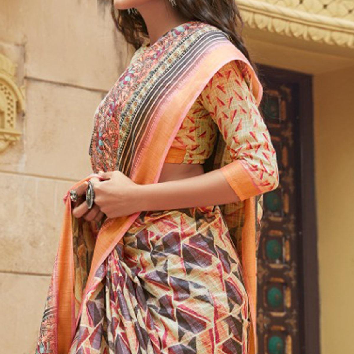 Saree Mall Cream Casual Wear Digital Printed Geometric Soft Cotton Saree - Peachmode