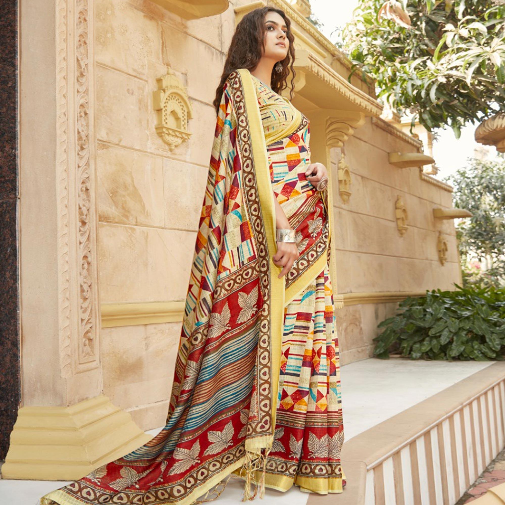 Saree Mall Cream Casual Wear Digital Printed Stripes Soft Cotton Saree - Peachmode