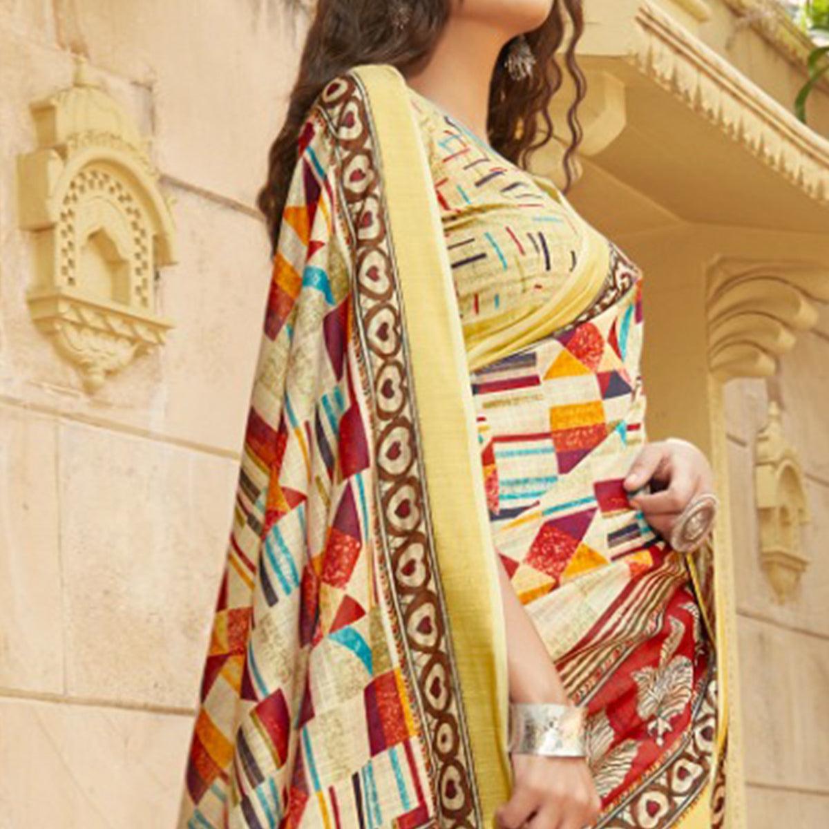 Saree Mall Cream Casual Wear Digital Printed Stripes Soft Cotton Saree - Peachmode