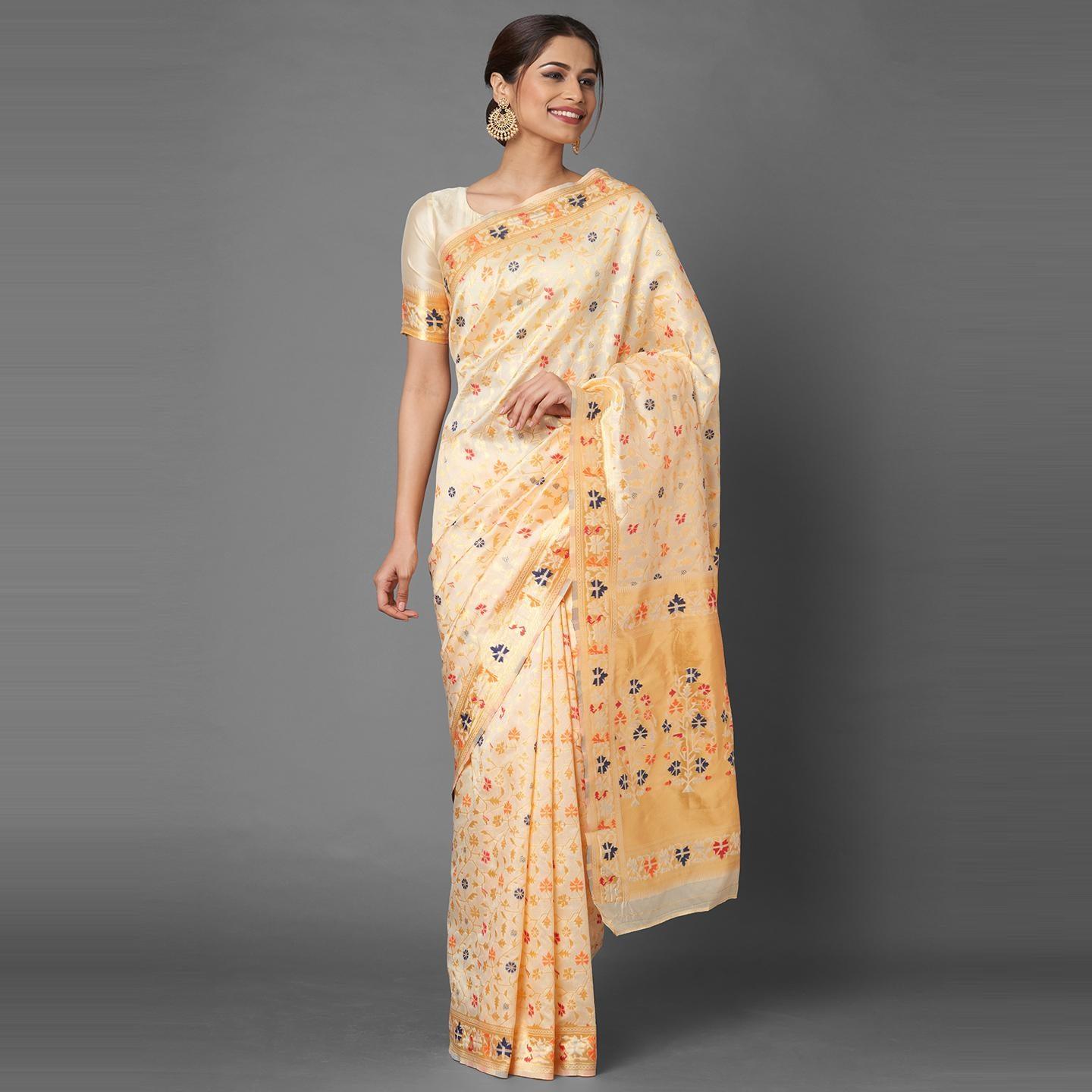 Saree Mall Cream Party Wear Silk Blend Banarasi Designer Saree With Unstitched Blouse - Peachmode