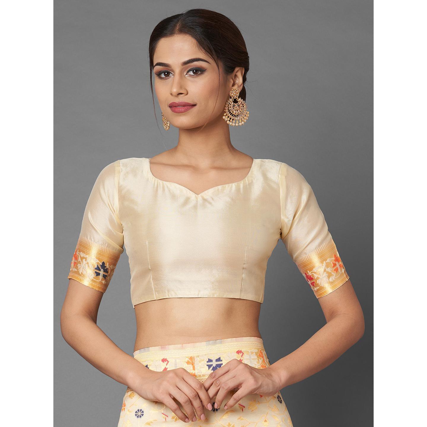 Saree Mall Cream Party Wear Silk Blend Banarasi Designer Saree With Unstitched Blouse - Peachmode