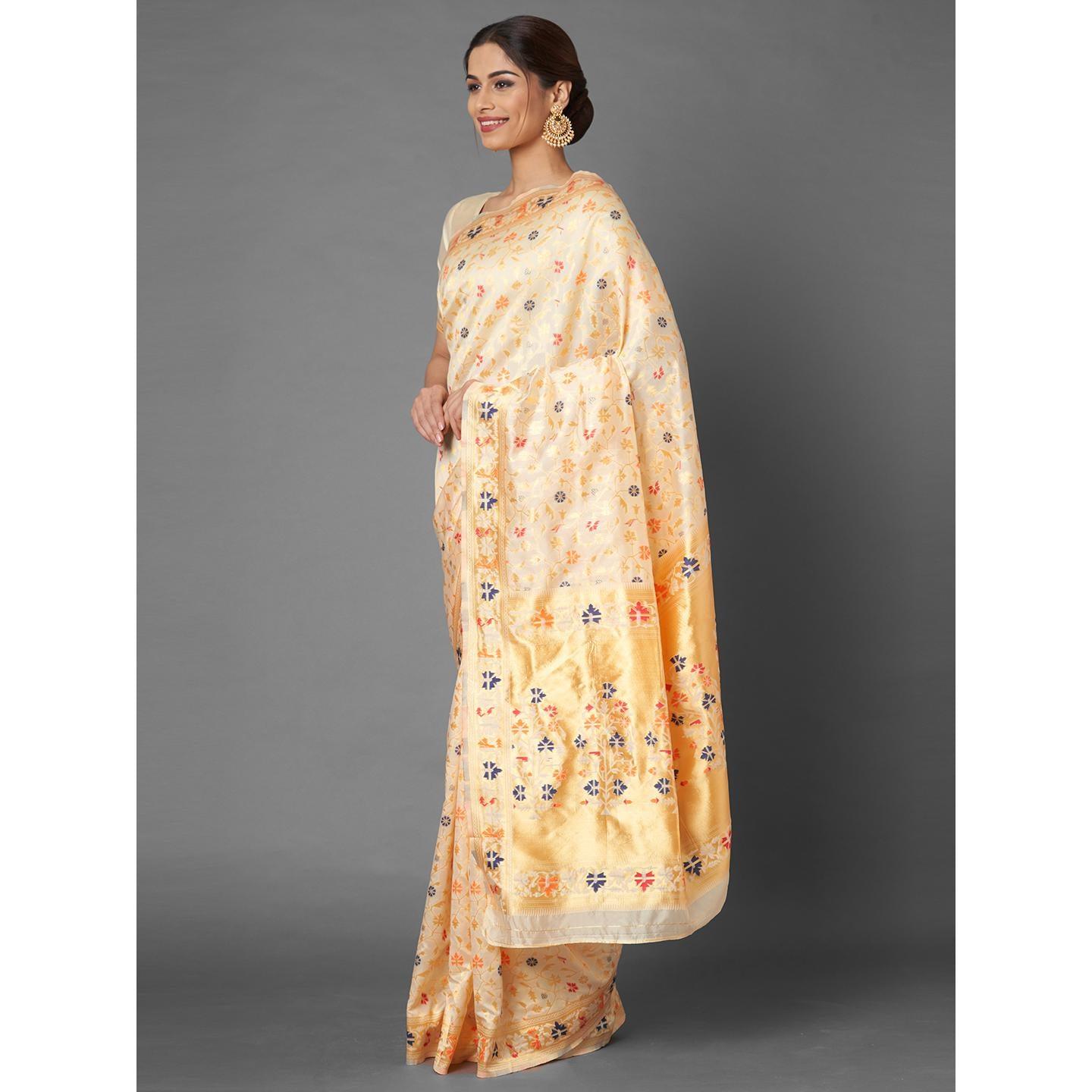 Saree Mall Cream Party Wear Silk Blend Banarasi Designer Saree With Unstitched Blouse - Peachmode