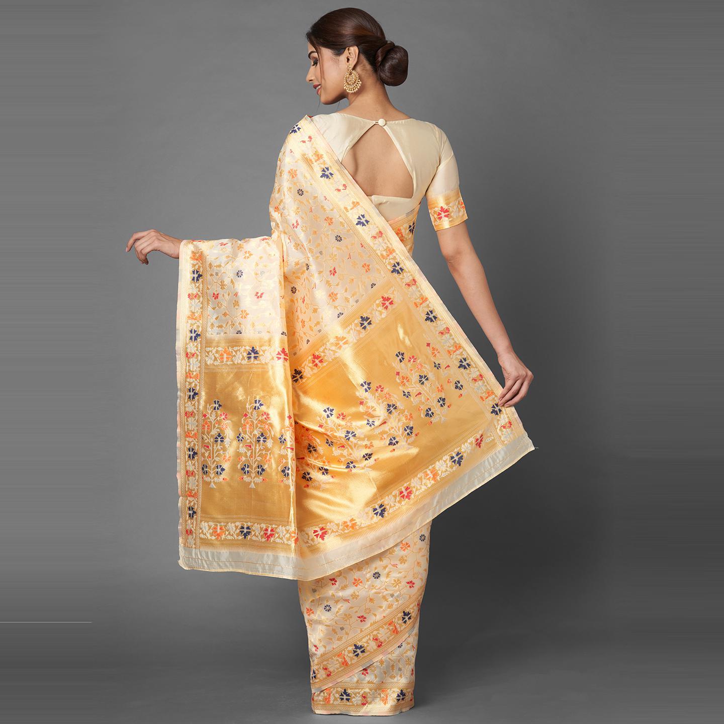 Saree Mall Cream Party Wear Silk Blend Banarasi Designer Saree With Unstitched Blouse - Peachmode