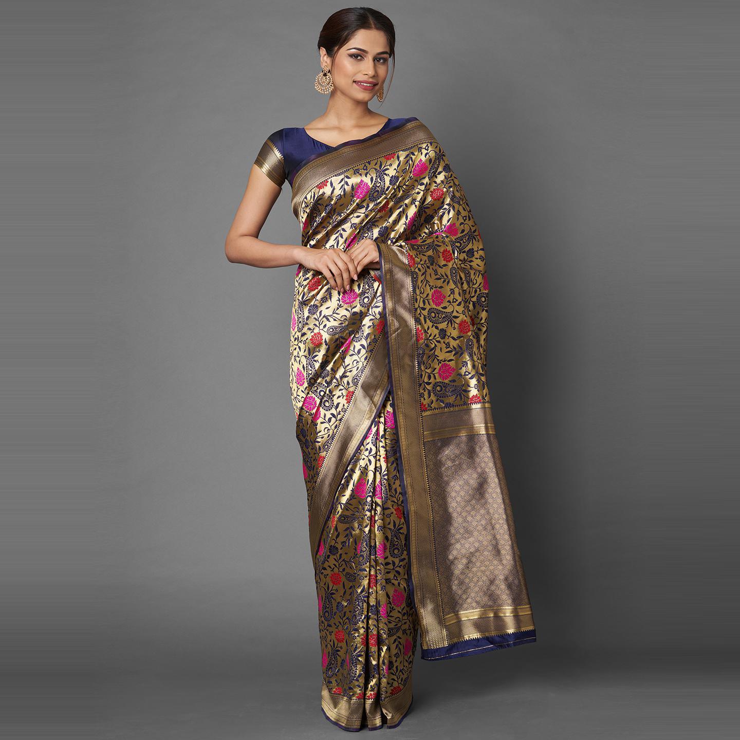 Saree Mall Gold & Blue Wedding Wear Silk Blend Woven Paisley Designer Saree With Unstitched Blouse - Peachmode