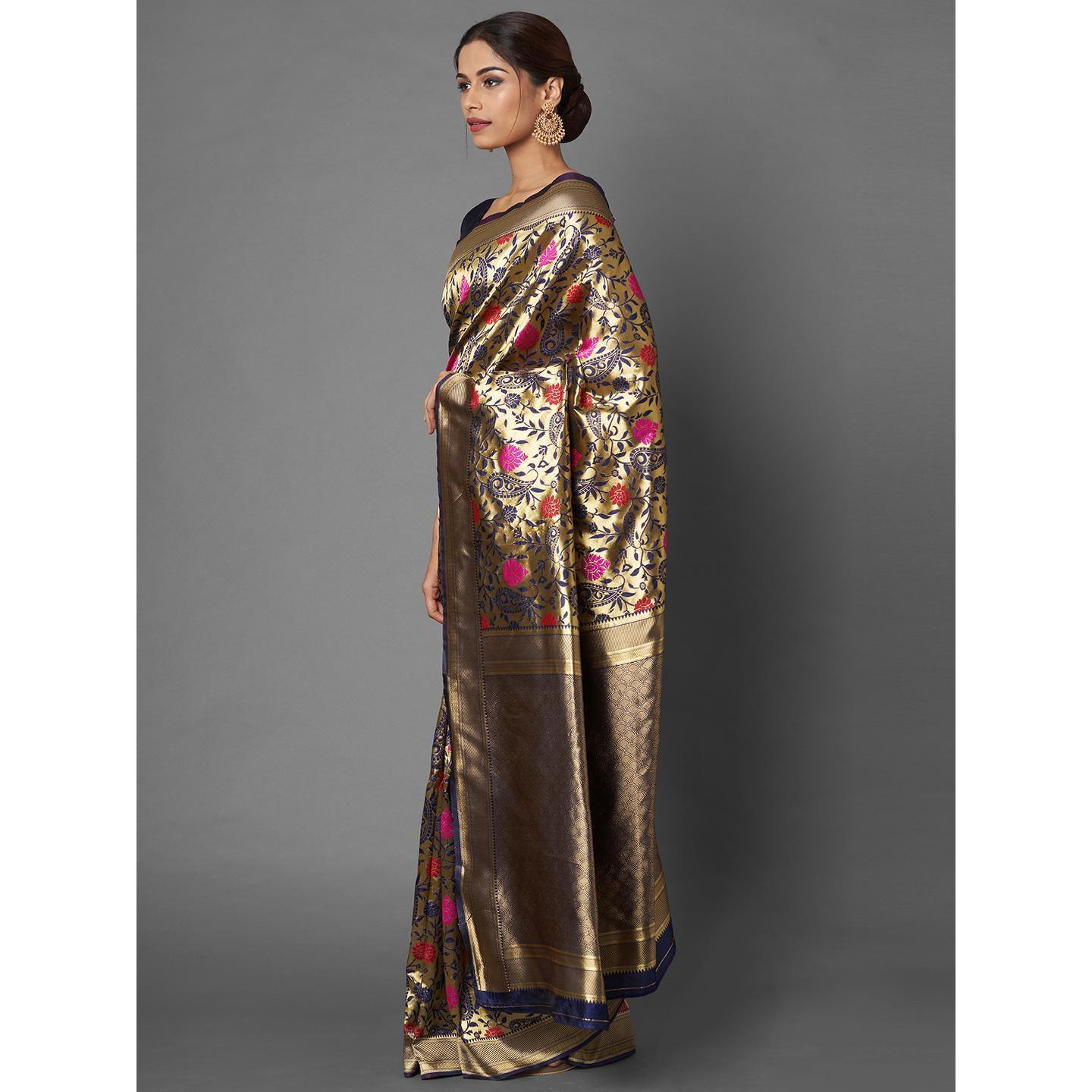 Saree Mall Gold & Blue Wedding Wear Silk Blend Woven Paisley Designer Saree With Unstitched Blouse - Peachmode