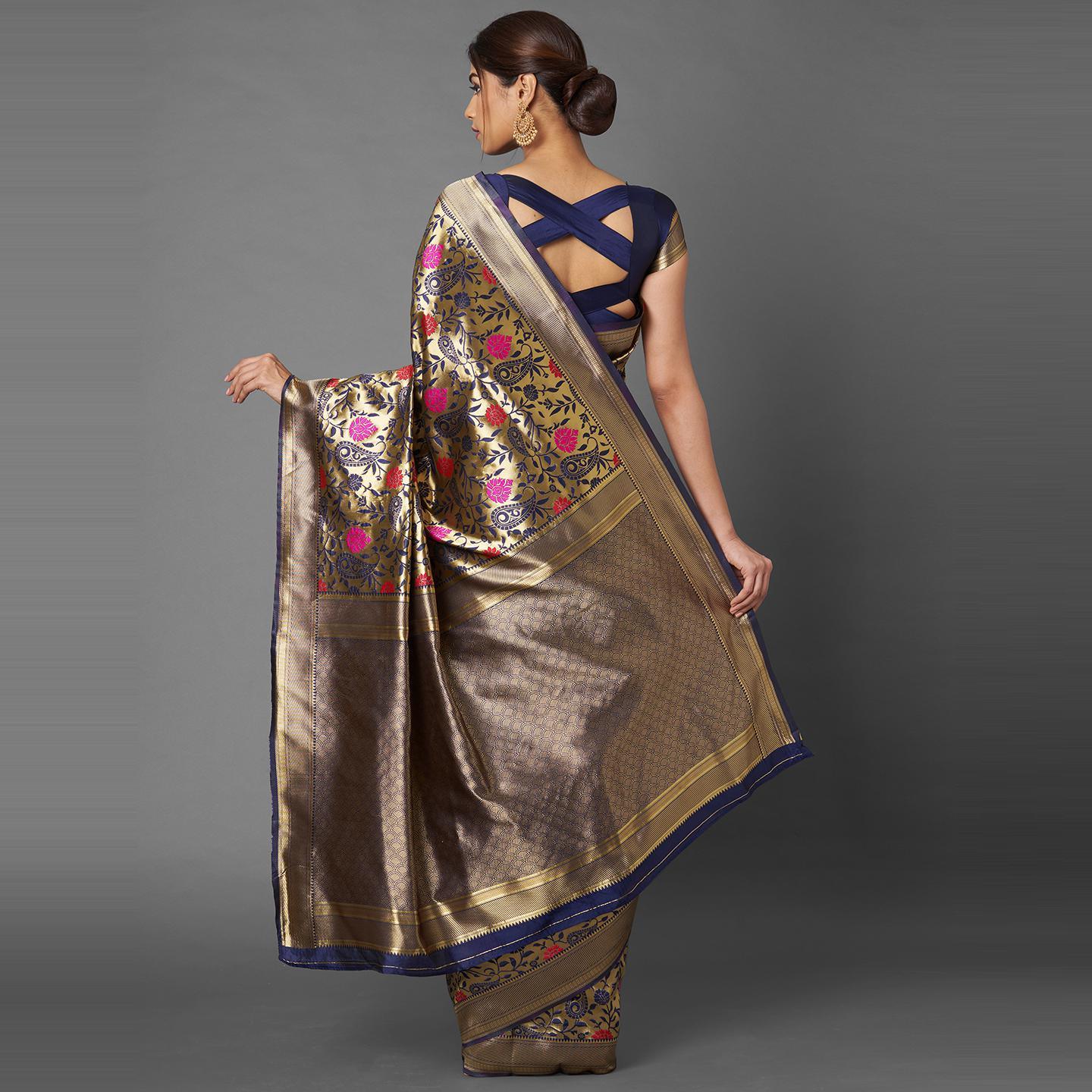 Saree Mall Gold & Blue Wedding Wear Silk Blend Woven Paisley Designer Saree With Unstitched Blouse - Peachmode