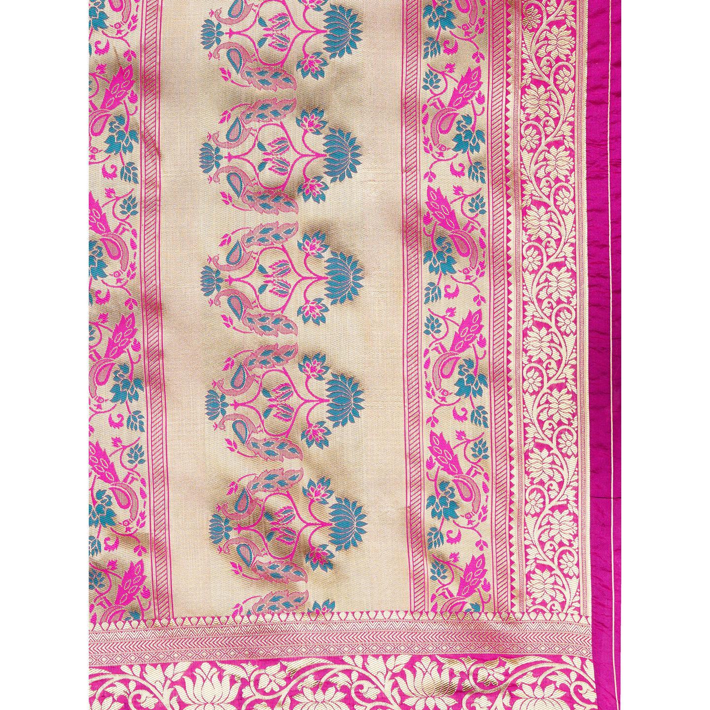 Saree Mall Green & Pink Festive Wear Silk Floral Designer Blend Banarasi Saree With Unstitched Blouse - Peachmode