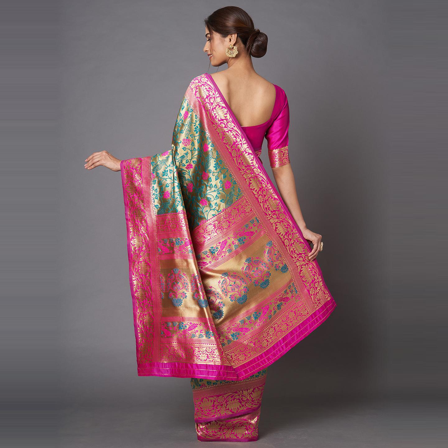 Saree Mall Green & Pink Festive Wear Silk Floral Designer Blend Banarasi Saree With Unstitched Blouse - Peachmode
